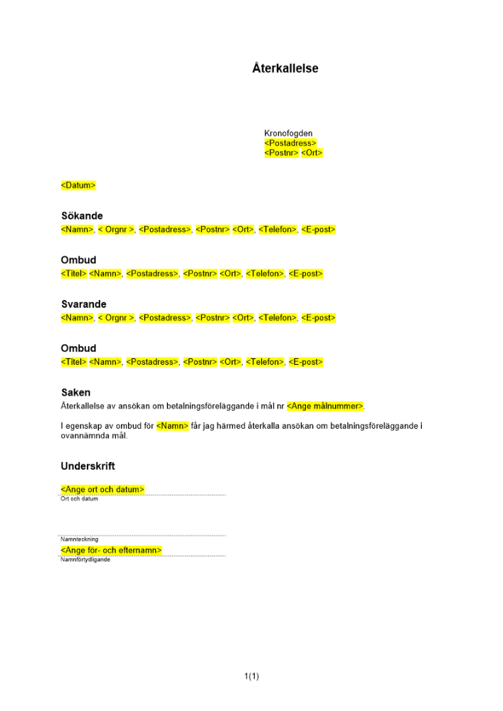 Återkallelse av ansökan om betalningsföreläggande