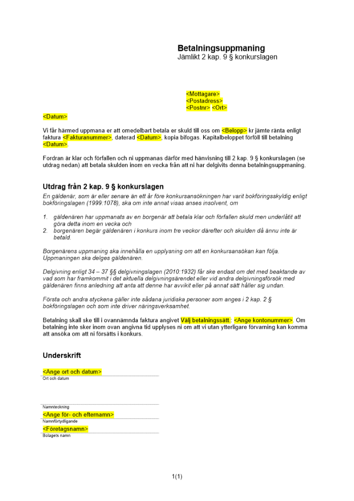 Betalningsuppmaning jml 2 kap 9 _ konkurslagen