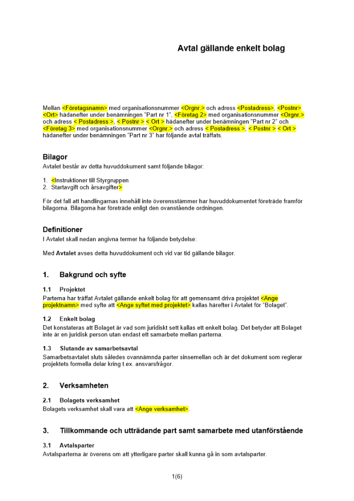 Avtal gällande enkelt bolag (projektsamarbete)