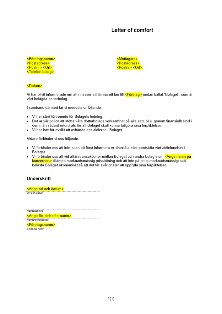 Stödbrev av moderbolag (Letter of Comfort med vissa åtaganden)