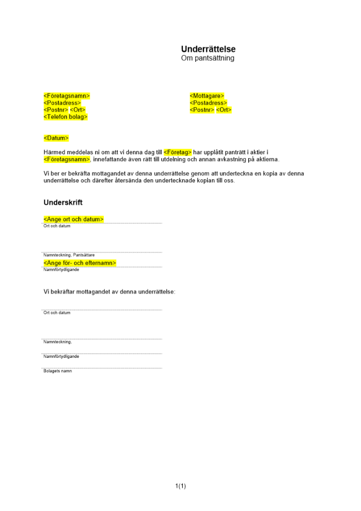 Underrättelse till bolag om pant av aktier