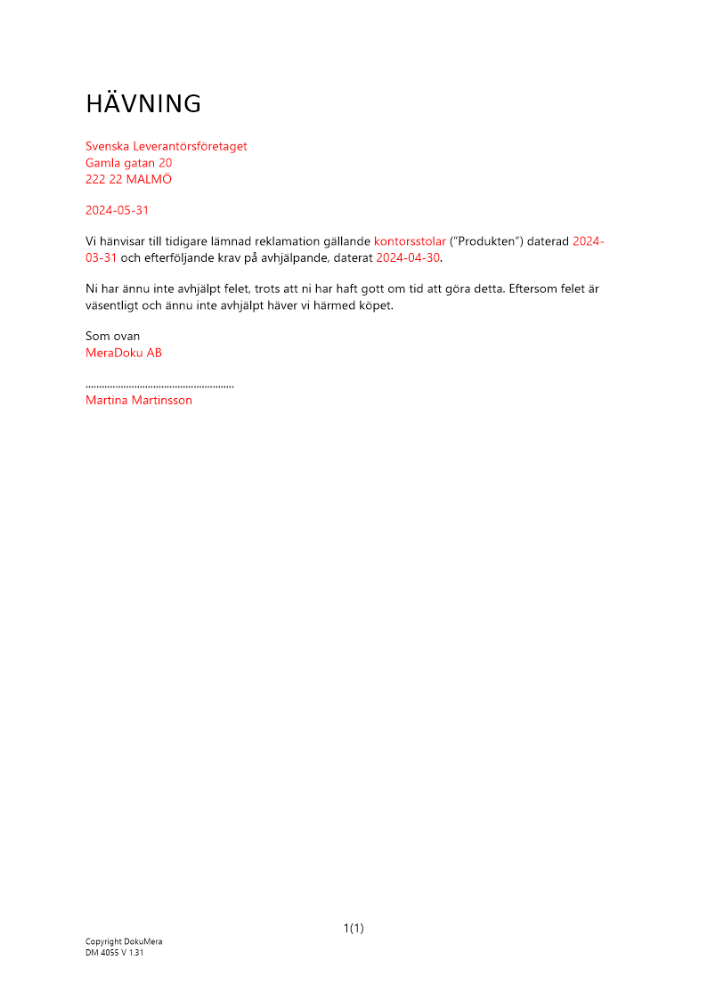 Uppföljning med hävning då fel inte avhjälps av företag Särskild reklamation