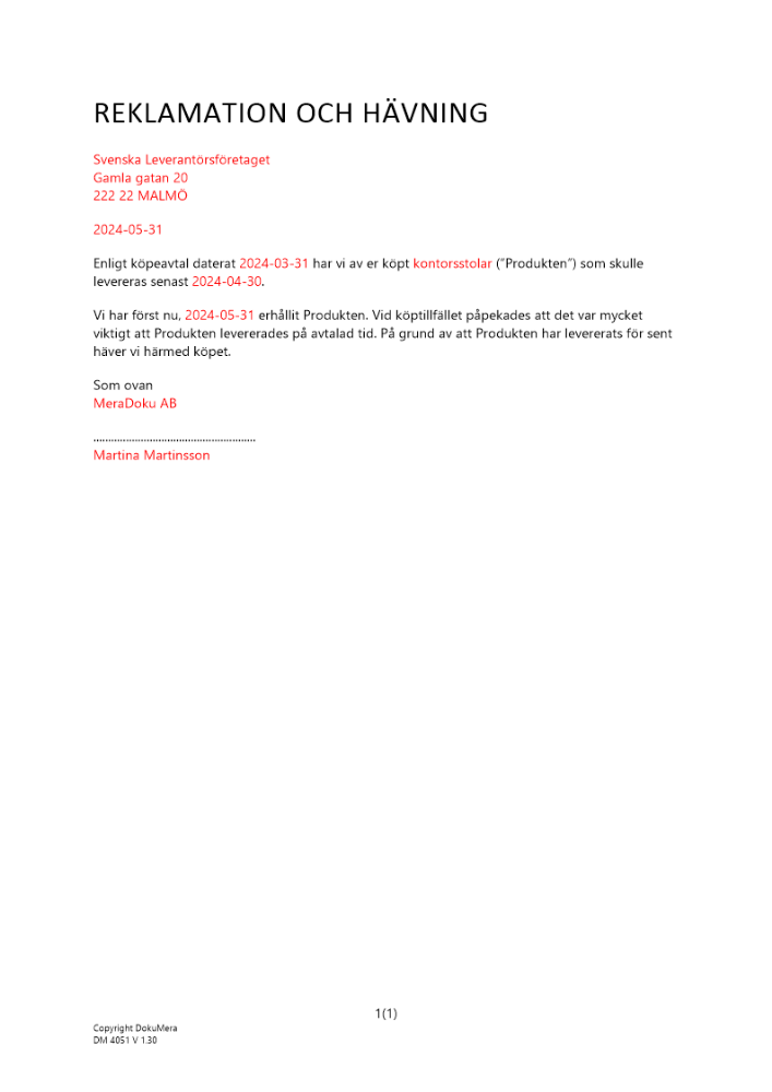 Reklamation och hävning av företag vid dröjsmål