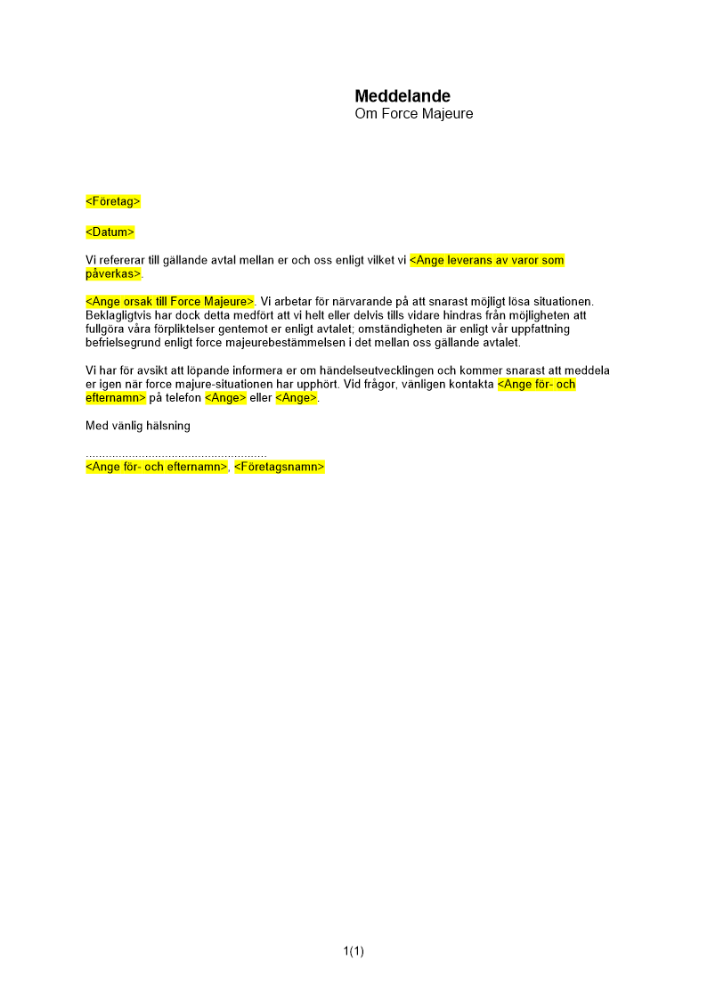 Meddelande om force majeure