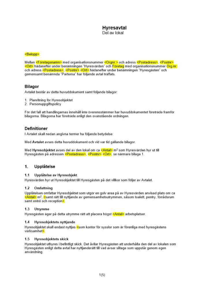 Hyresavtal - Del av lokal