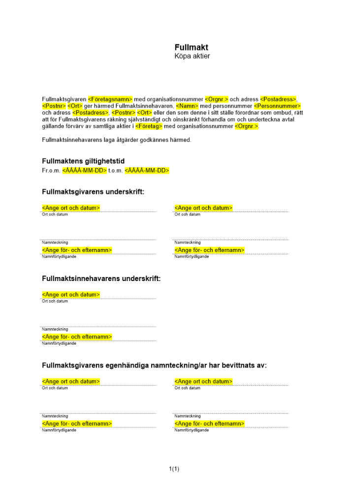 Fullmakt att köpa aktier