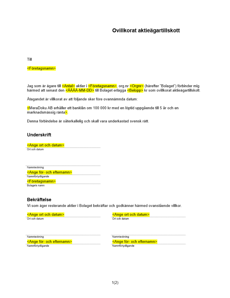 Aktieägartillskott - med villkor för betalning (Ovillkorat)