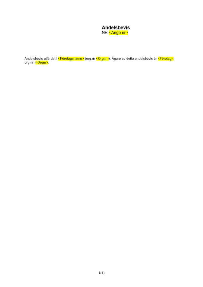 Andelsbevis (Handelsbolag) - Framsida