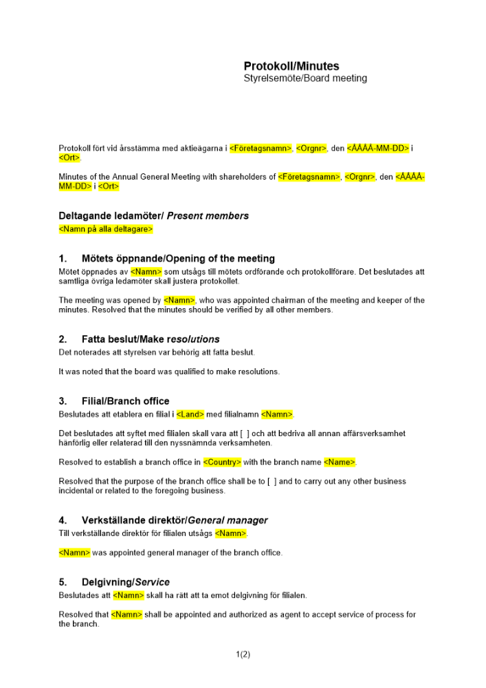 Styrelsemöte - Protokoll gällande etablering av filial utomlands