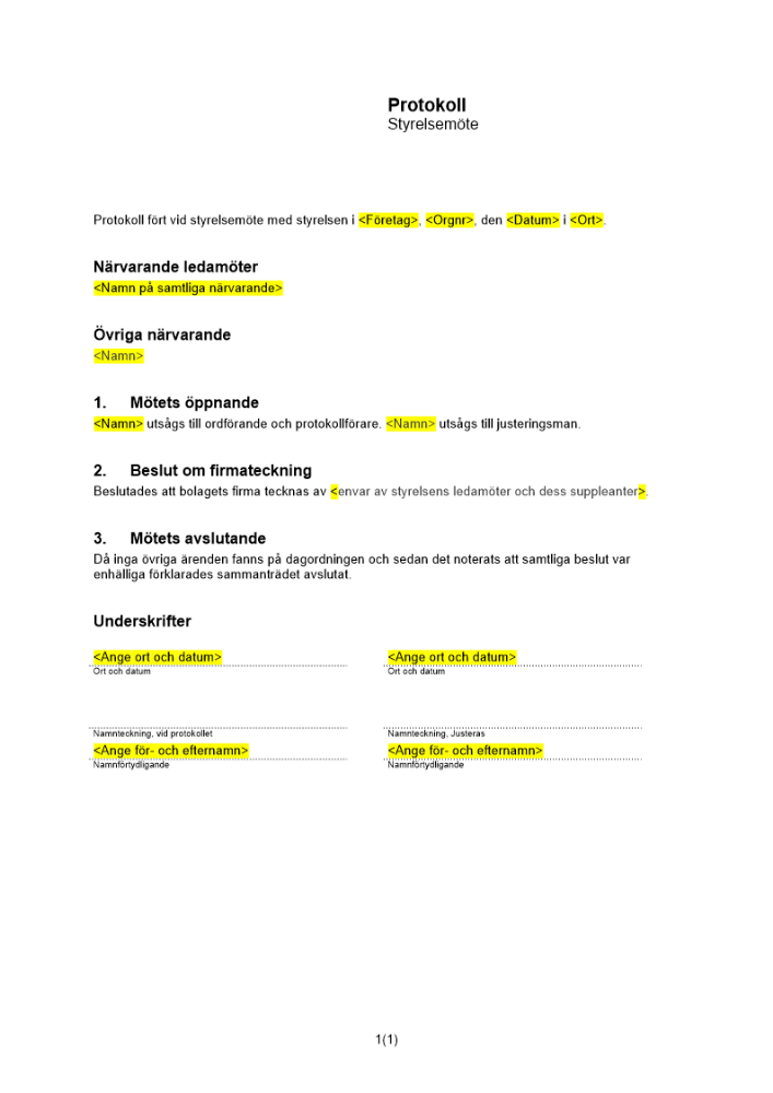 Protokoll från styrelsemöte - beslut om firmateckning