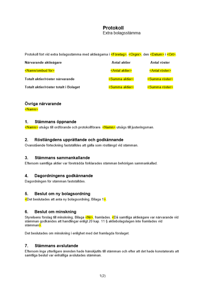 Protokoll från extra bolagsstämma - Minskning _Ej avstämningsbolag_