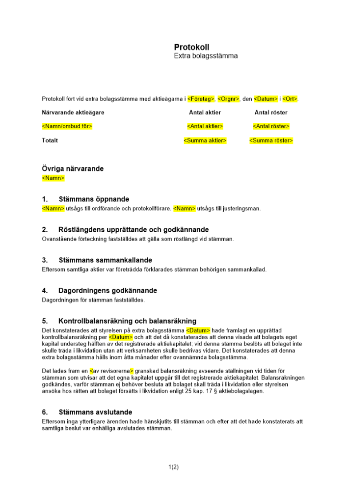 Protokoll från extra bolagsstämma - Andra kontrollstämman