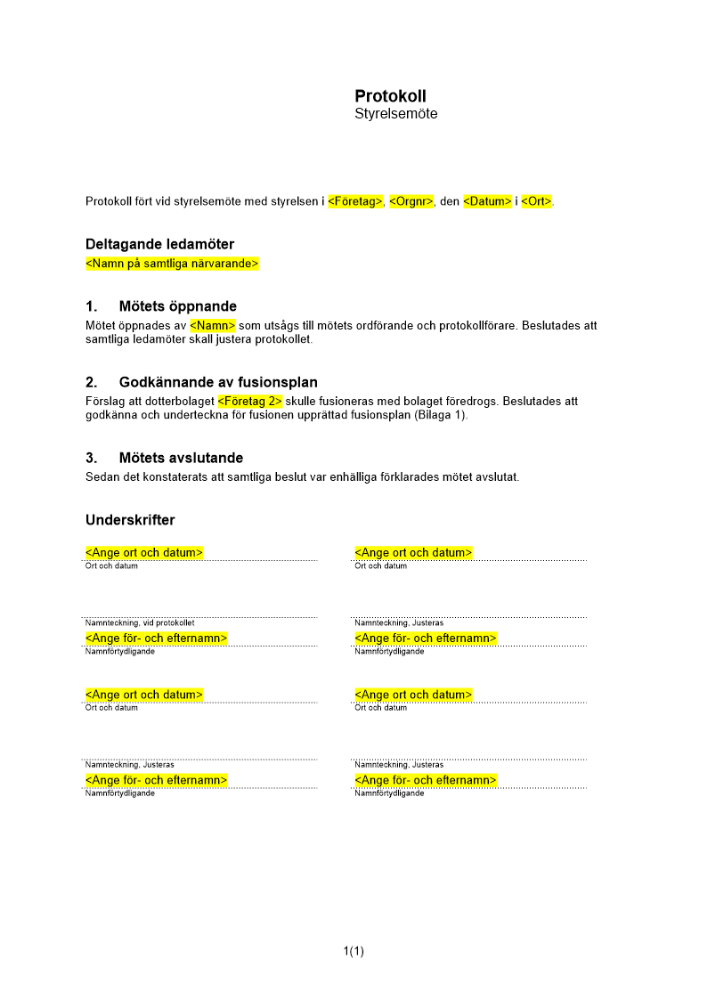 Styrelsemöte (Övertagande bolag) - helägt DB