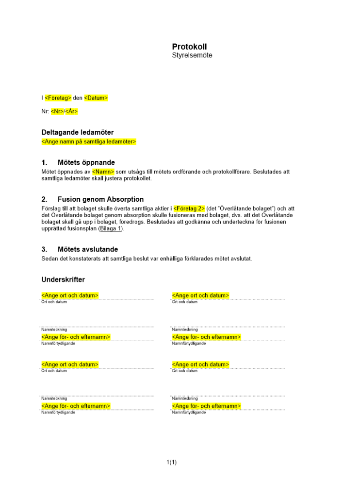 Styrelsemöte (Övertagande bolag)