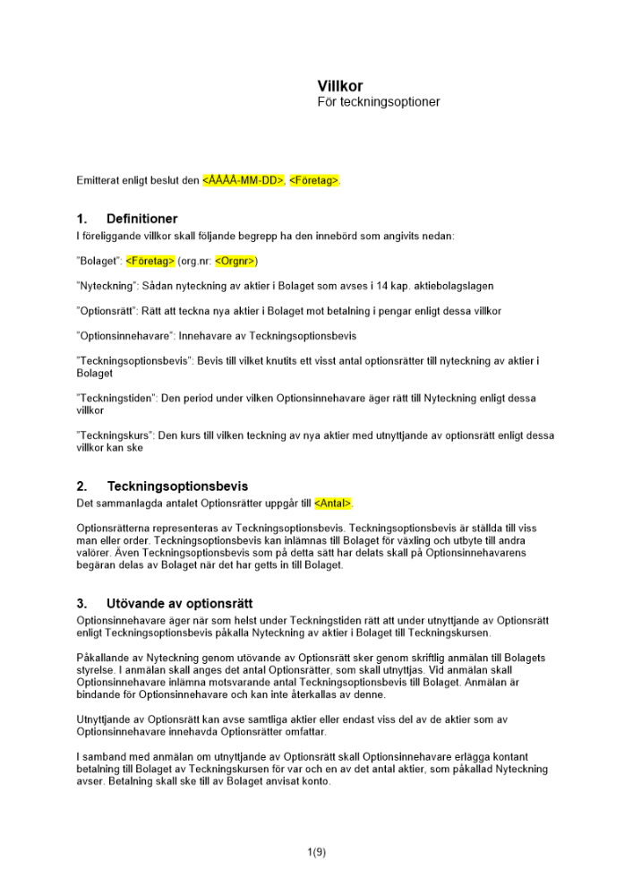 Villkor för teckningsoptioner