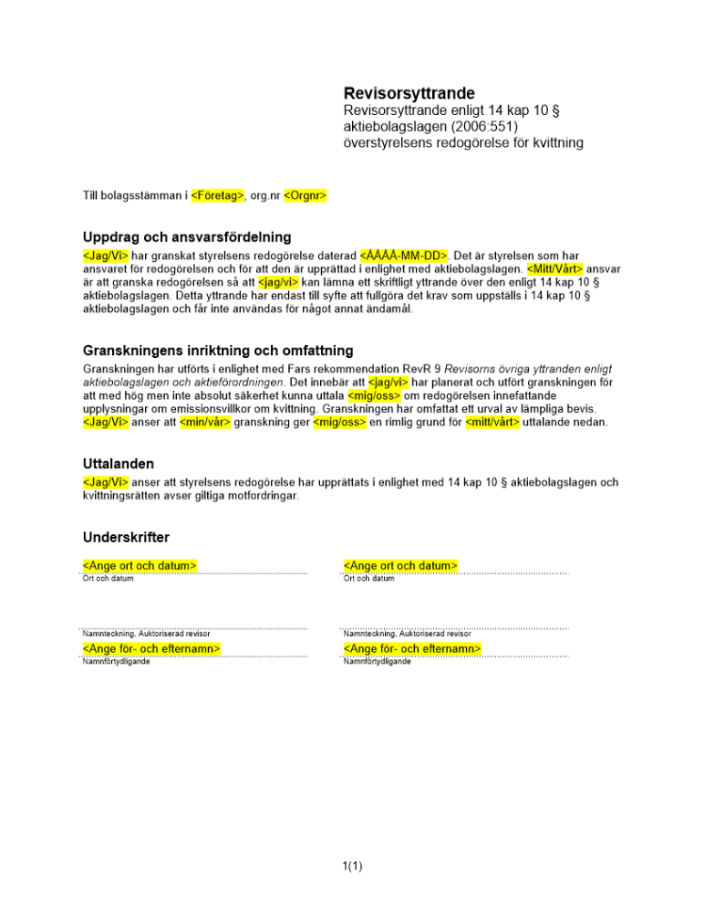 Revisorsyttrande enl 14 kap 10 § ABL (Kvittningsemission)