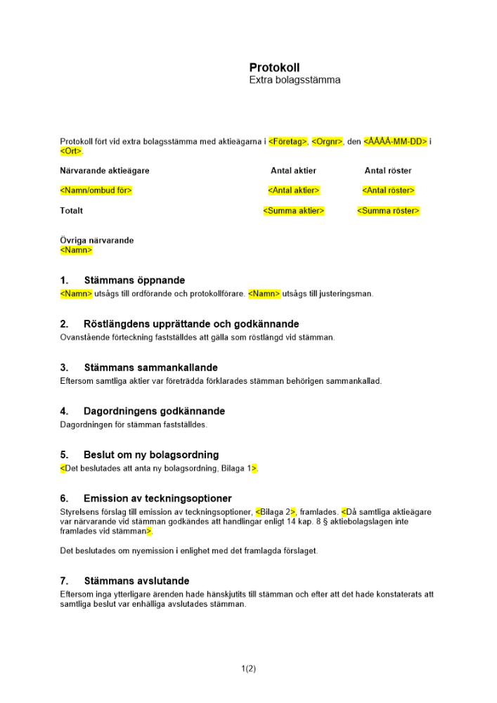 Protokoll från extra bolagsstämma - Em av teckningsoptioner