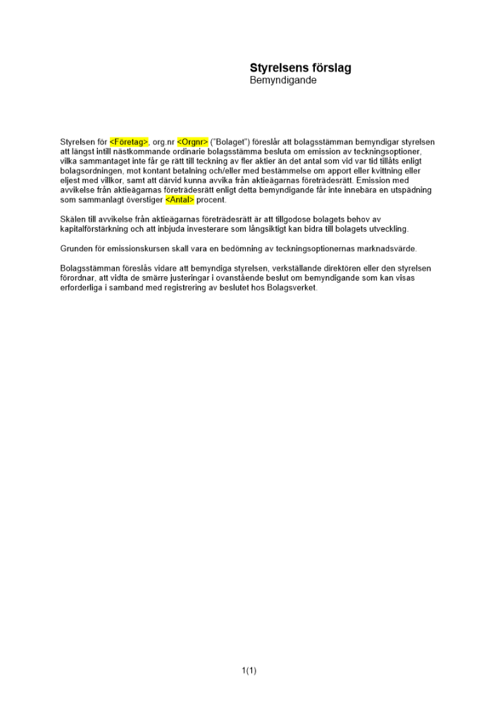 Bemyndigande för emission av teckningsoptioner