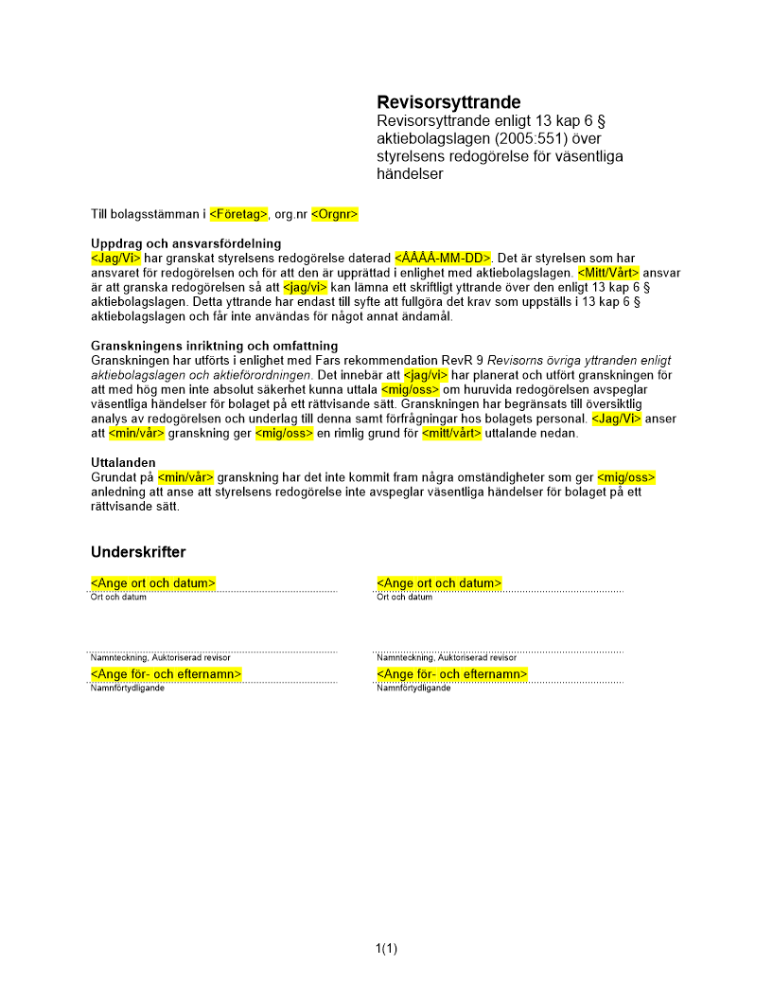 Revisorsyttrande enl 13 kap 6 § ABL (Nyemission)