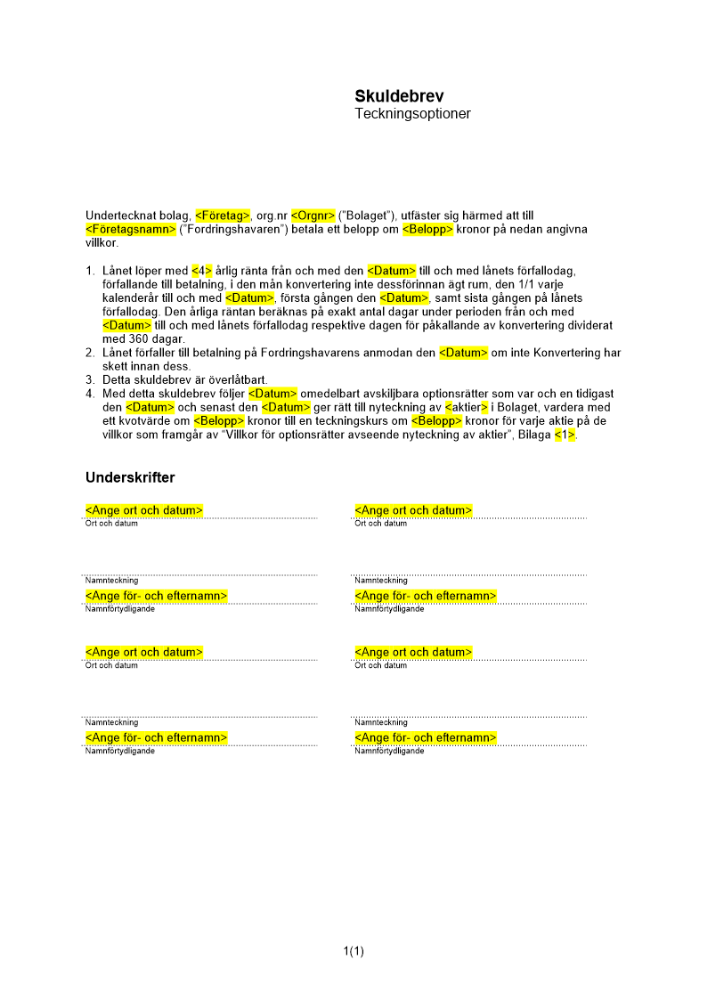 Skuldebrev (löpande) - Avskiljbara teckningsoptioner