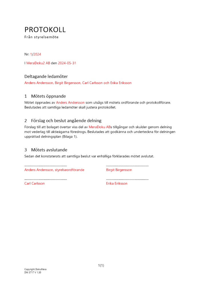 Styrelsemöte (Övertagande bolag) - ej upplösning och bildning