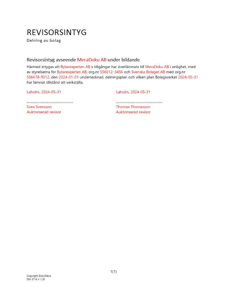 Revisorsintyg enl 24 kap 27 § ABL