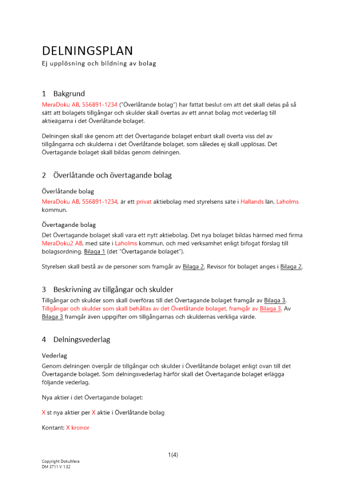 Delningsplan - ej upplösning och bildning av bolag