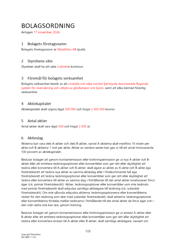 Bolagsordning - Publikt avstämningsbolag med olika rösträtt och hembud