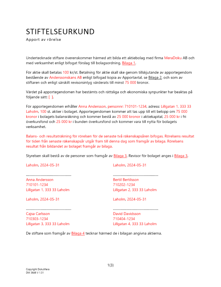 Stiftelseurkund - Apport av rörelse