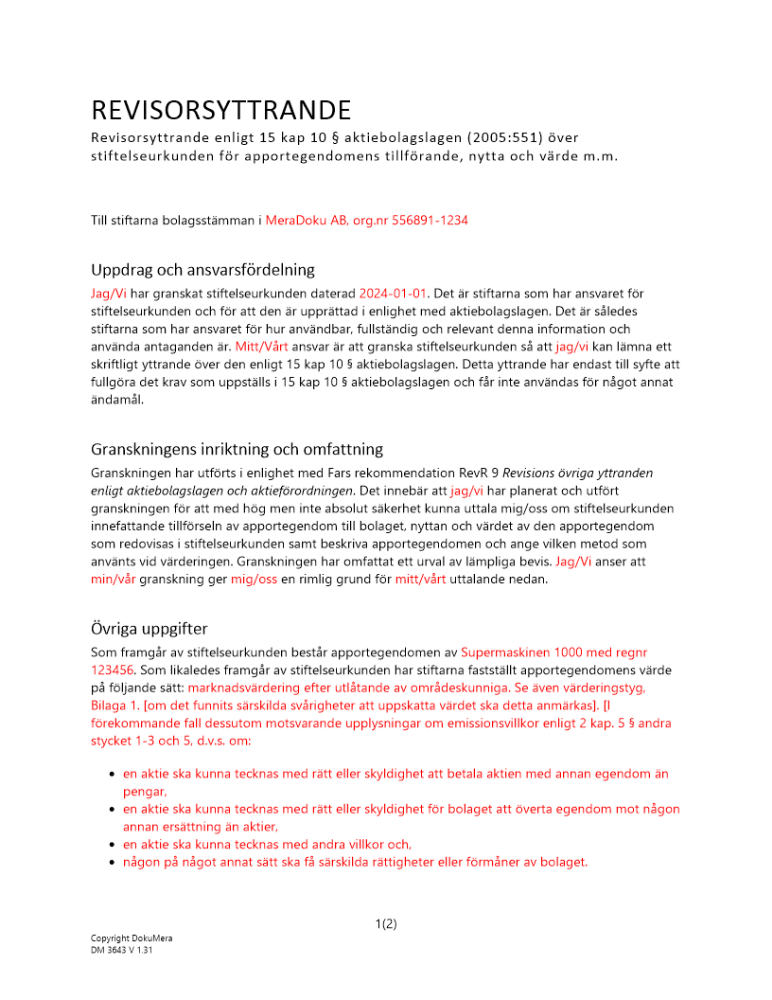 Revisorsyttrande enl 15 kap 10 § ABL (Apport av lös egendom)