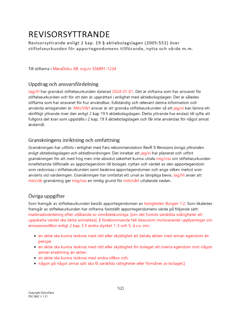 Revisorsyttrande enl 2 kap 19 § ABL (Apport av fast egendom)