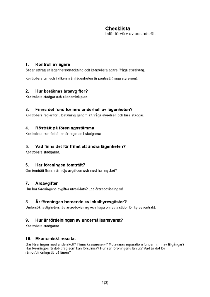 Checklista inför köp av bostadsrätt