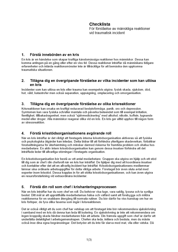 Checklista mänskliga reaktioner traumatisk incident