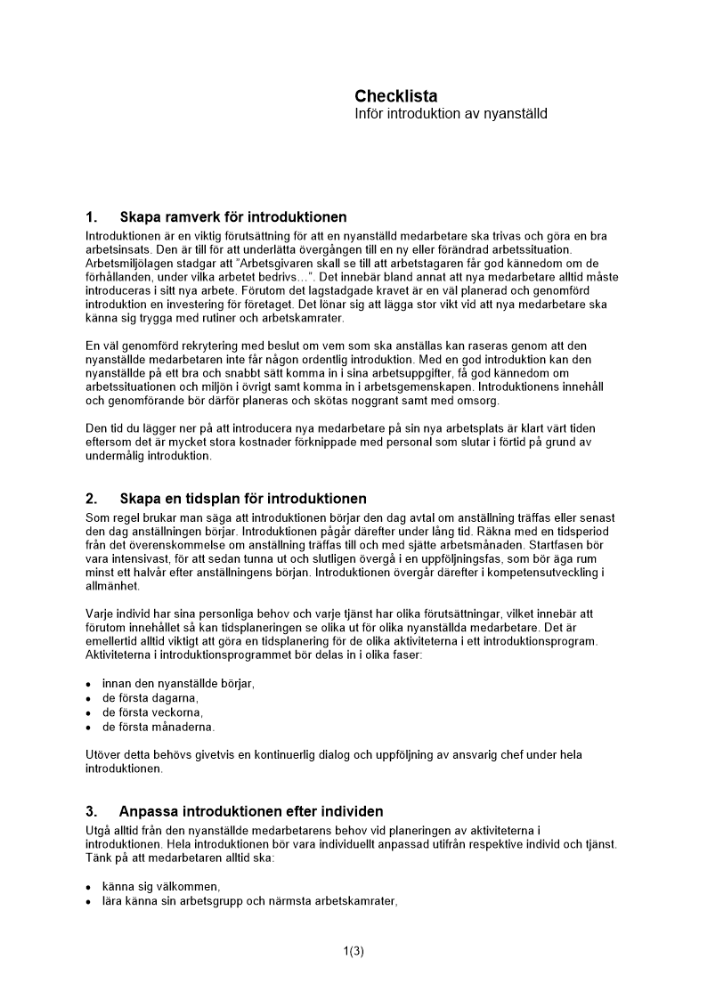 Checklista introduktion nyanställd