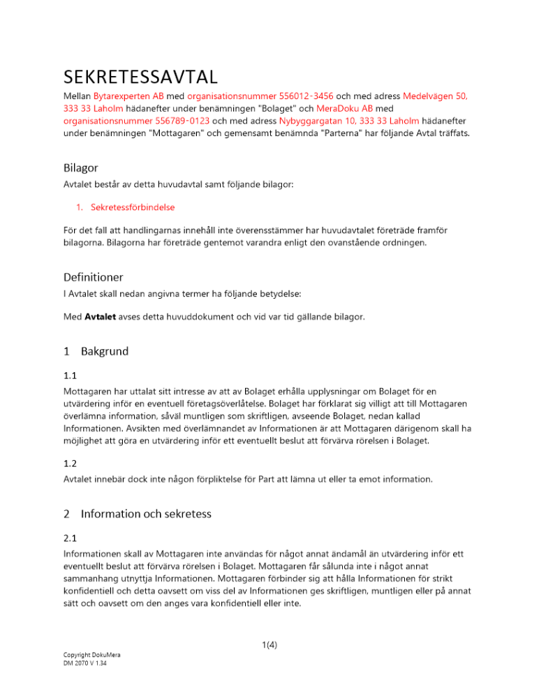 Sekretessavtal företagsöverlåtelse rörelse