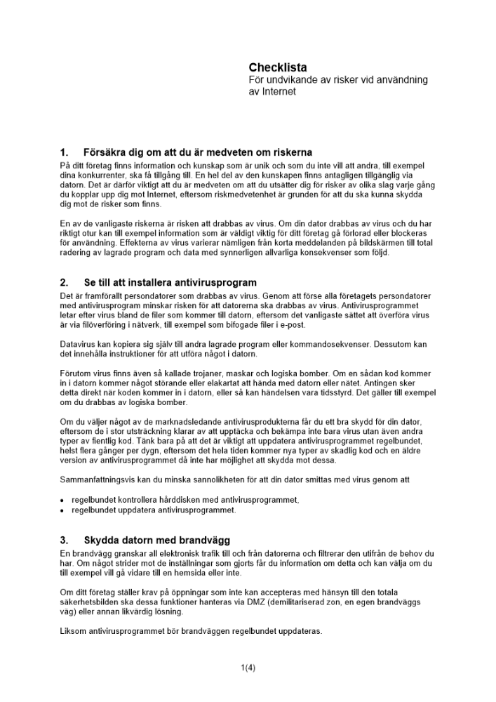 Checklista undvikande av risker Internetanvändning