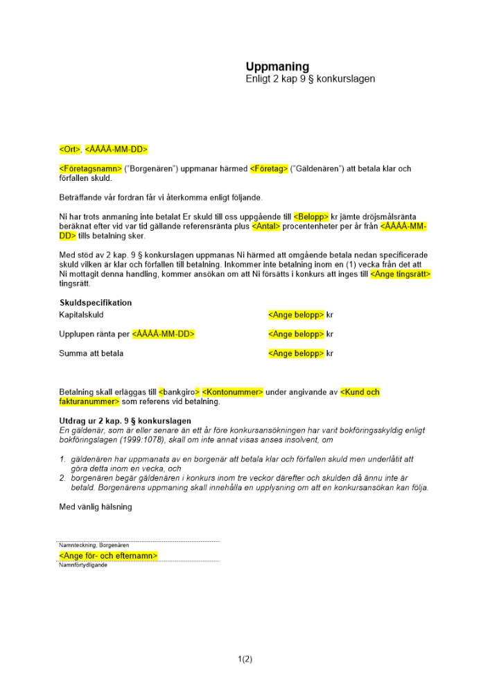 Uppmaning enligt 2 kap 9 § konkurslagen