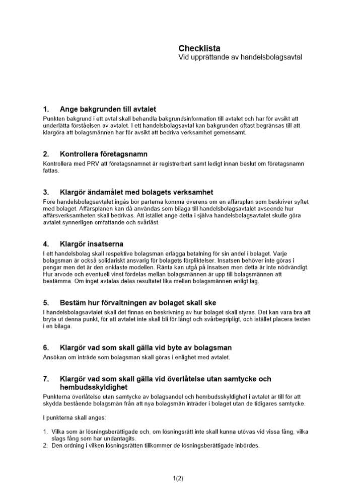 Checklista handelsbolagsavtal