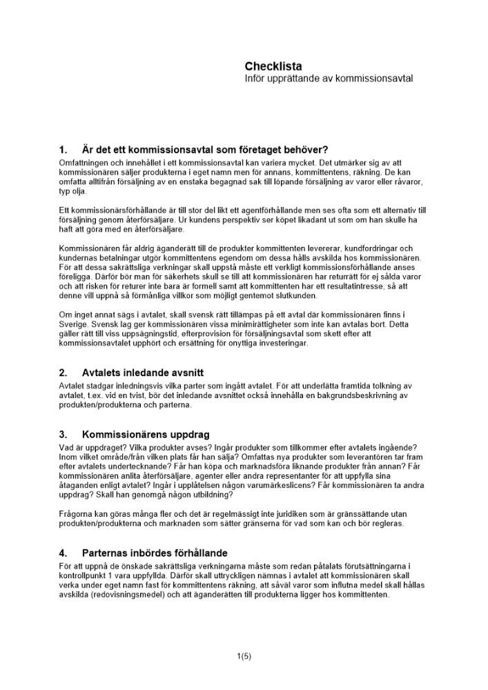 Checklista kommissionsavtal