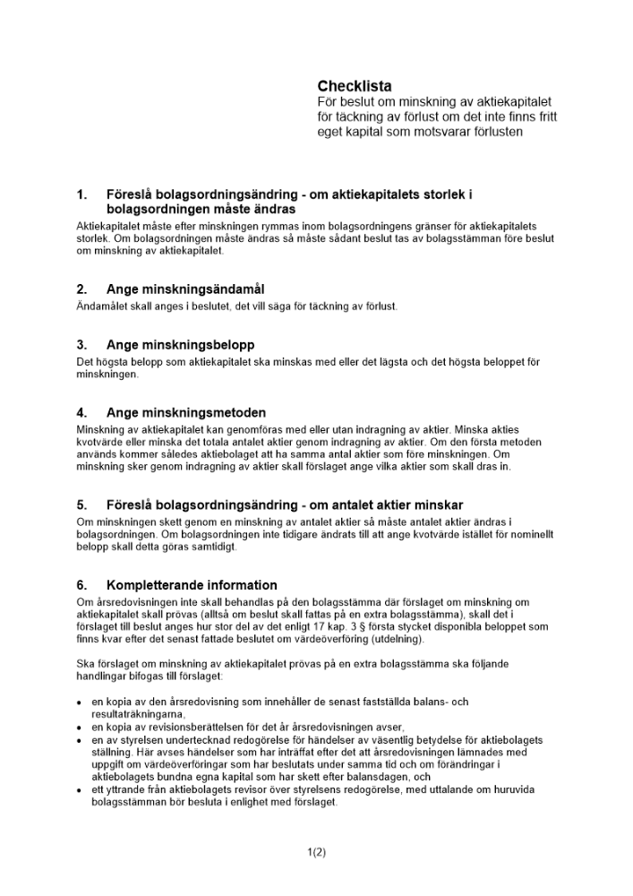 Checklista beslut minskning aktiekap förlusttäckning
