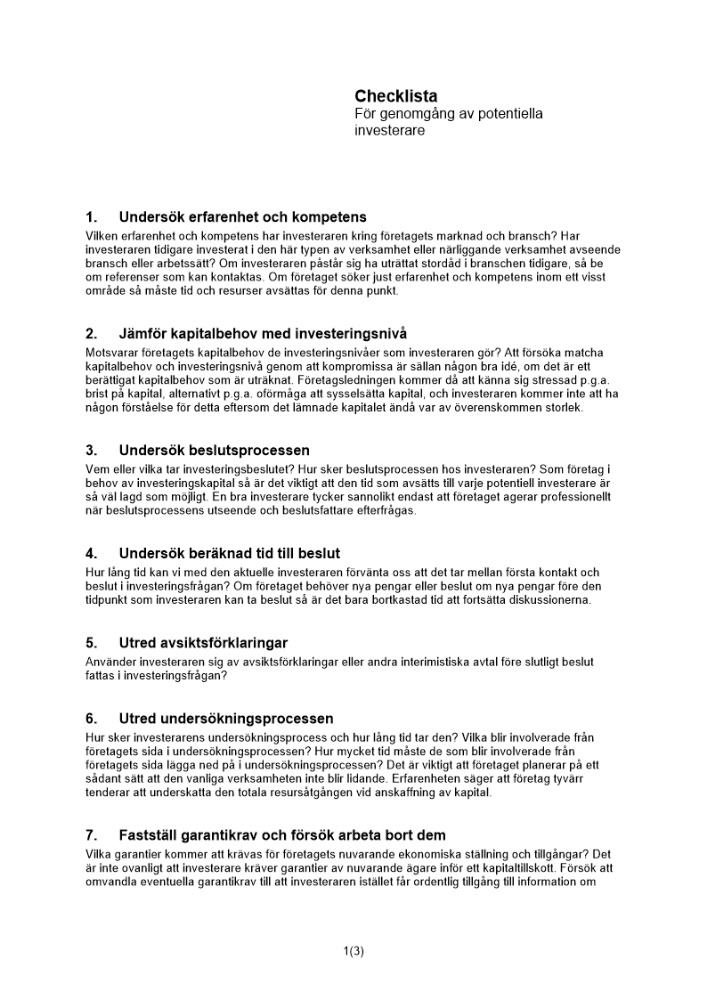 Checklista genomgång av investerare