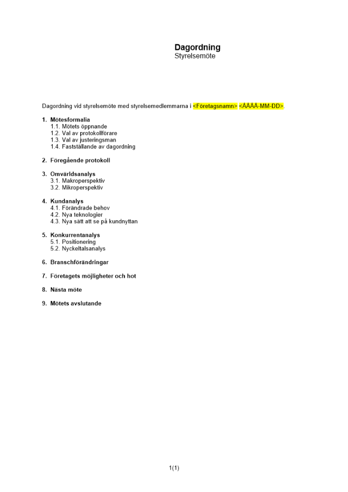 Dagordning styrelsemöte marknadssituation