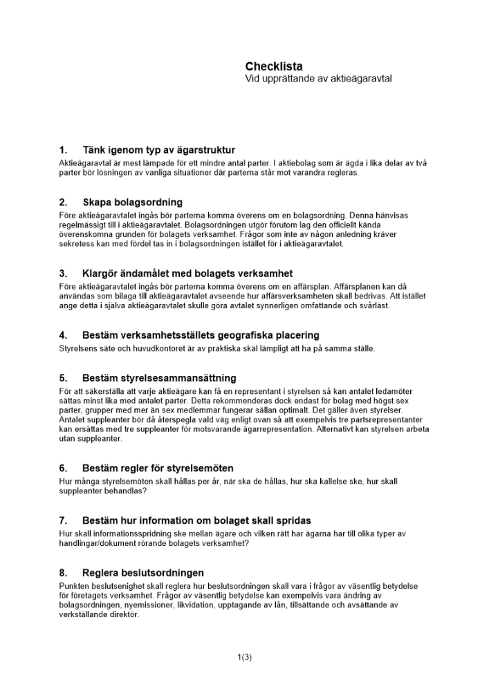 Checklista aktieägaravtal