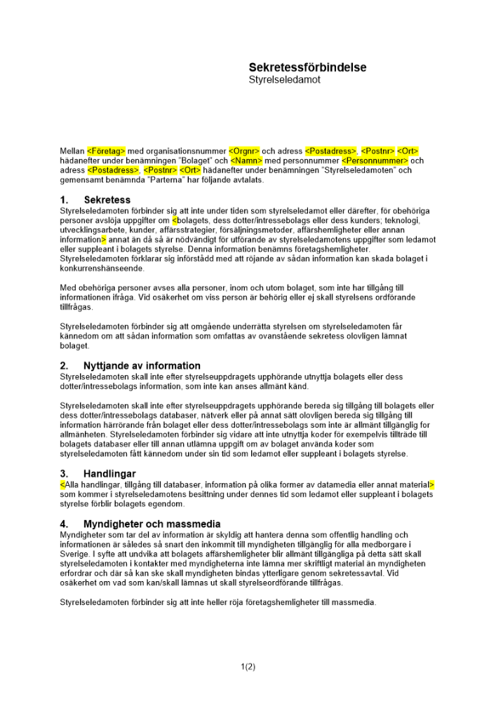 Sekretessförbindelse styrelseledamot