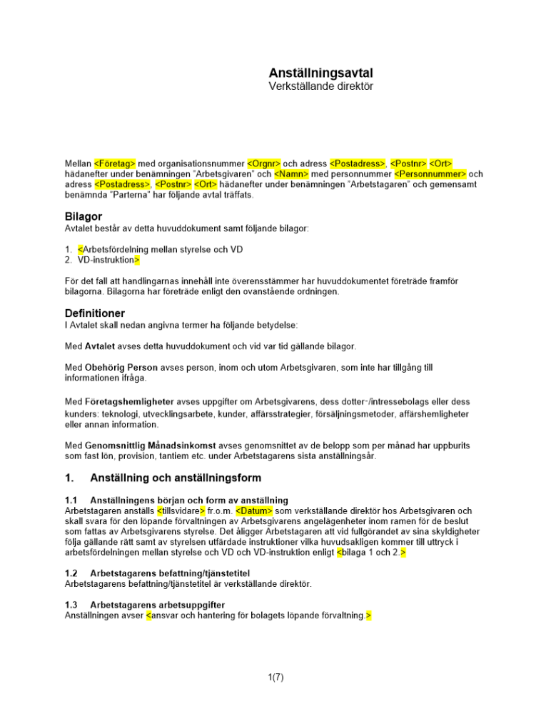 Anställningsavtal verkställande direktör