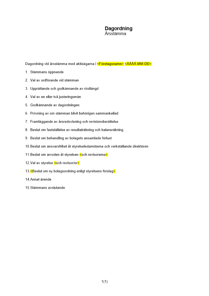 Dagordning årsstämma ansamlad förlust