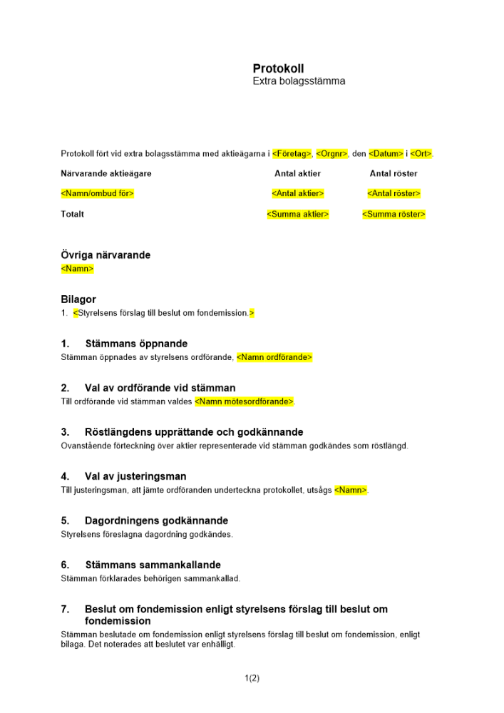 Protokoll extra bolagsstämma fondemission