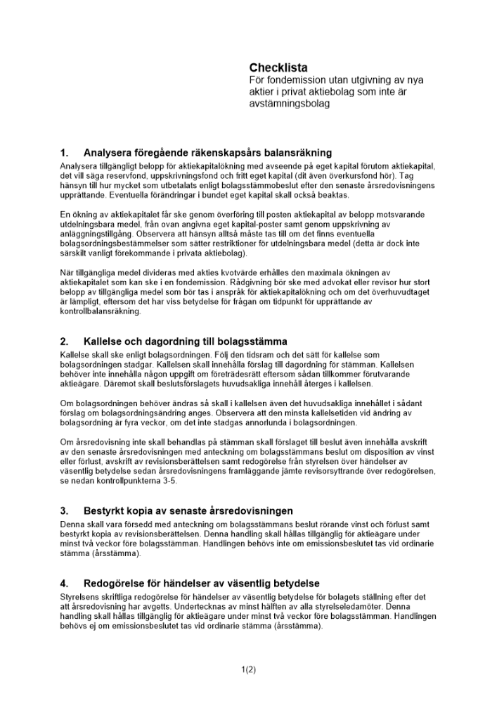 Checklista fondemission utan utgivande av nya aktier - Privat AB