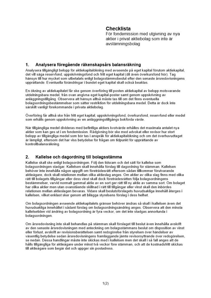 Checklista fondemission med utgivande av nya aktier privat AB