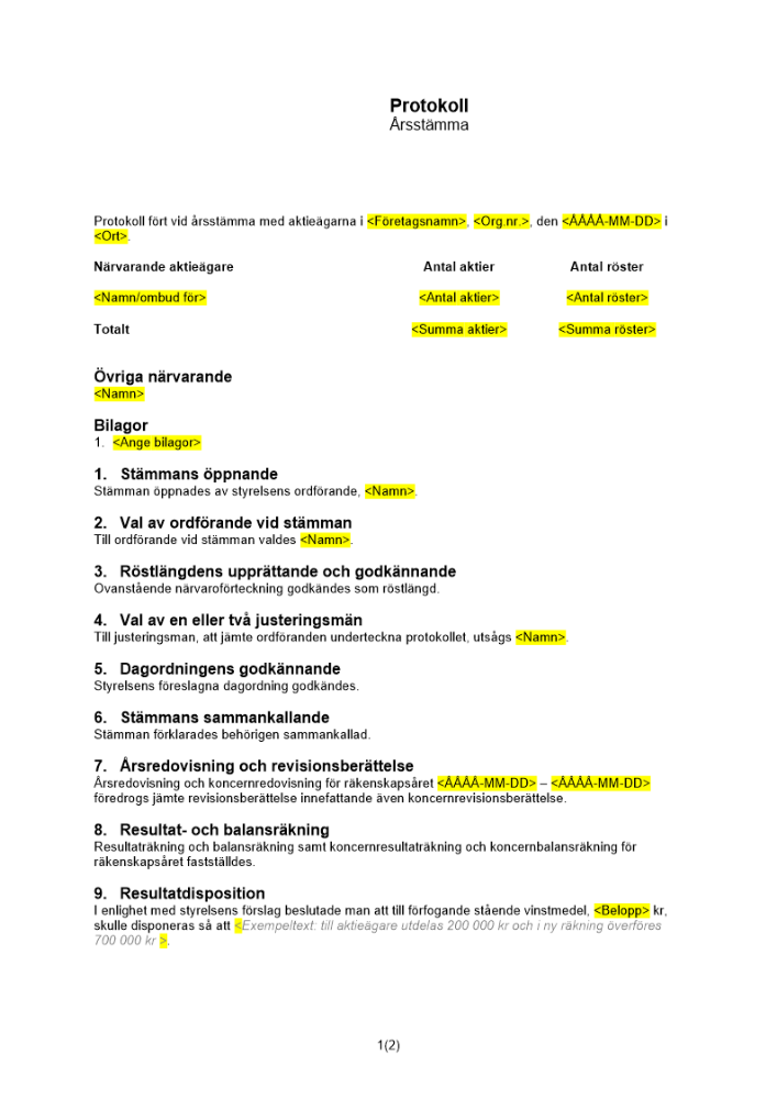 Protokoll årsstämma disponibla vinstmedel MB